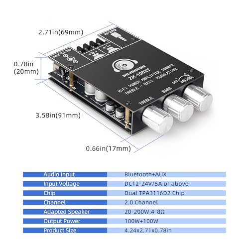 100W+100W Amplifier Board with Treble and Bass Control, DC 9-24V, BT and AUX Inputs, 2.0 Channel Stereo AMP Board for DIY Wireless Speakers, Password Free - color: Black