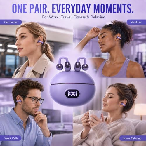 OpenEarRing Open Ear Headphones-Clip-On Open Ear Earbuds, Bluetooth 6.0 Wireless Earbuds with Mic, Lightweight Comfort, Secure Fit, Digital Display, 40H Playtime for Sports Running Workout