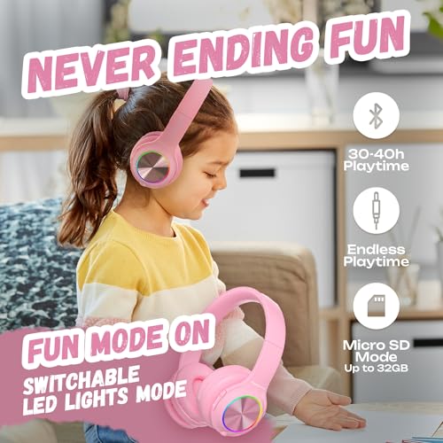 PowerLocus PLED Kids Bluetooth Headphones, Kids Wireless Headphones with LED Lights, 74/85/94dB Safe Volume, Micro SD, AUX Cable, Hi-Fi Stereo, Built-in Mic Over Ear Kid Headphone for Travel/Tablet/PC - color: Pink