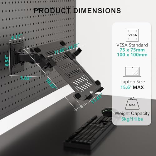 WALI Articulating Pegboard Adjustable Mount for Laptop and Monitor 2 in 1 with Vented Tray, Fits 1" Hole Spacing & Up to 1/4" Hole Diameter, Supports Laptop or Monitor Under 8.8lbs, PM00LP, Black - size: 1 inch hole