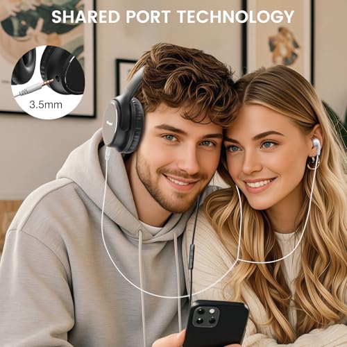 USB C Wired Over-Ear Headphones with Microphone | Volume Control, Share Port, Adjustable Headband Foldable Stereo Headset for Adult/Teens for iPhone 16, Laptop, Gaming, Travel - color: Black