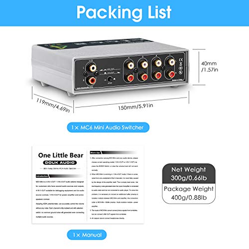 Douk Audio MC6 Mini 4-Way Analog Stereo RCA Audio Switcher Splitter Manual Selector Box Passive Preamp