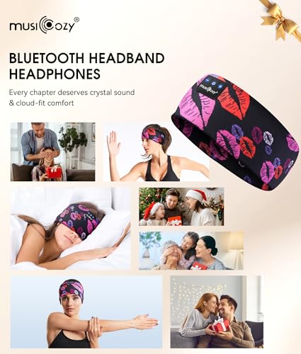 MUSICOZY Bluetooth 5.4 Sleep Headphones Headband Sports Wireless Audio | Earbuds 2 in 1 Design with Breathable Stretch Fabric, HD Stereo Sound Speakers for Workout Yoga Running, Nighttime Sleep Use - color: Rainbow Lip