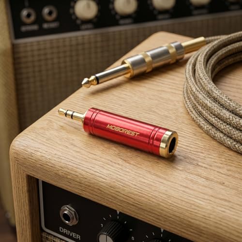 MOBOREST 3.5mm to 1/4" Stereo Audio Connector Headphones Adapter, 1Red | 1/8 Male to 1/4 Female Headphone Jack Converter, Pure Copper Gold-Plated Stereo Aux Plug for Amp, Guitar, Piano, keyboard - color: RED - 1PCS
