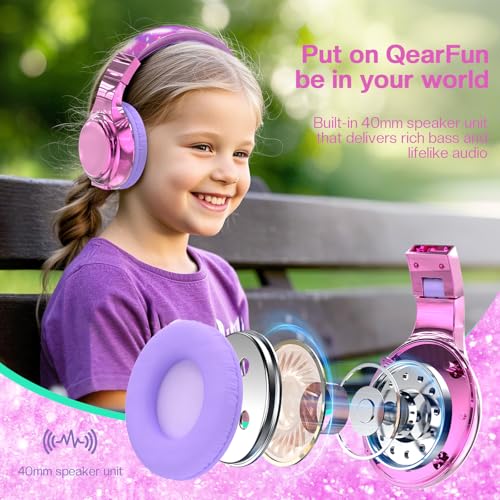 QearFun Kids Bluetooth Headphones, 60H Playtime, 74/85/94dB Volume Limit | For school, tablet, travel, kids wireless headphones feature HD mic, fast charging, foldable design, boys girls, wired mode - color: A-Purple