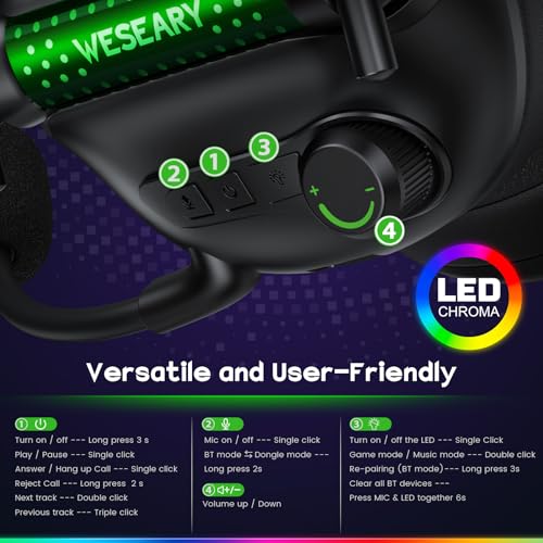WESEARY Wireless Gaming Headset for Ps5, PC, Switch, 3D Stereo Sound-50Hr