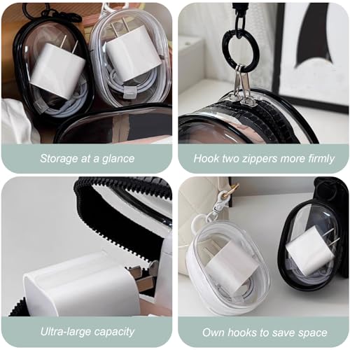 2 Pcs Cable Storage Case Headphone Case Zipper Closure Visible Earphone Case for USB Flash Drive,Keys, Mini Lipstick, Earbuds (Black, White) Headphone Case