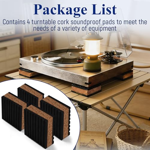 Cork Soundproofing Mats and Vinyl Record Soundproofing Feet, 2” x 2” x 7/8” Dimensions for Turntable Amplifiers Subwoofers Record Players Vibration Isolation and Noise Reduction (4-Pack)