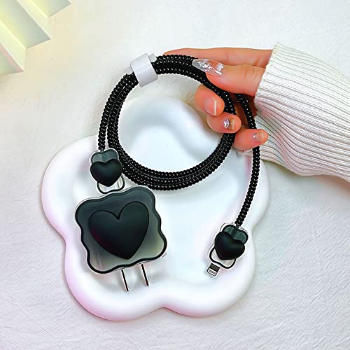 ZOSTLAND 5 in 1 DIY 18W 20W Heart Shape Protector Data Cable USB Charger Line Earphone Wire Saver Organizer Compatible with iPhone 11 12 13 14 15 Pro Max - color: Love Black