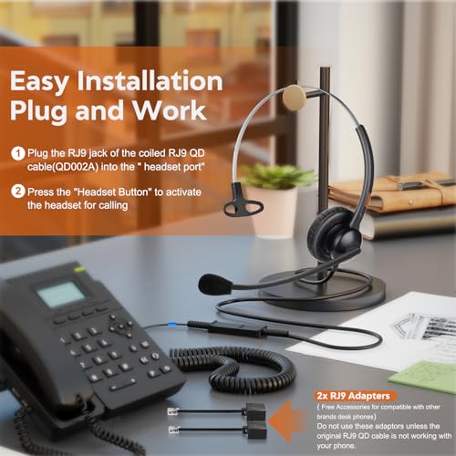 One Ear Wired Office Headset | Single Ear RJ9 Call Center Telephone Headset | Noise-Cancelling Mic | Compatible with Landline/IP Phones - Yealink, Sangoma, Grandstream, Akuvox, Escene, Atcom