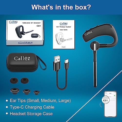 Callez Bluetooth Headset for iPhone Android Cell Phone Trucker Office Work | Bluetooth Earpiece V5.0 with CVC8.0 Dual Mic Noise Cancelling, Mute/Volume Buttons, Hands-Free Wireless Headset for Business