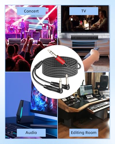 Guitar Cable 1/4 inch TRS Stereo to Right Angle Dual 1/4 inch TS Mono Insert Cable,Stereo Y Splitter Cable,6.35mm TRS Male to 90 Degree Dual 6.35mm TS Male Audio Cord(5.9FT/1.8M) - style: 6.35 TRS to 90 Dual 6.35 TS(5.9FT/1.8M)