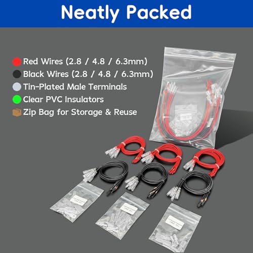 Speaker Wire Connector Kit 30PCS 18AWG Female Spade Terminal Wire Connectors Pre-Crimped 2.8/4.8/6.3mm, 30cm Red & Black, with 15PCS Extra Open-End Male Terminals—All with Insulating Sleeves