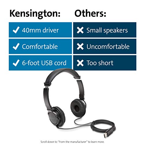 Kensington USB-A Hi-Fi Headphones, On-Ear Headset, 6ft Cord, for Kids, for Adults, for School, Padded Adjustable Headband (K97600WW), Black