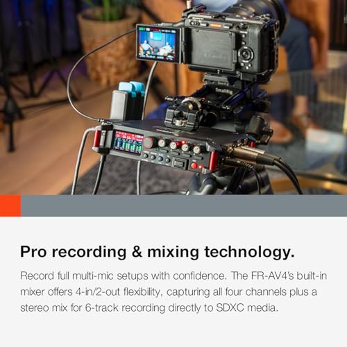 TASCAM FR-AV4 4-Channel 32-Bit Float Field Recorder with Mixer for Camera Rigs, 4 XLR/TRS Inputs, Timecode Generator, HDMI Sync, 192kHz, USB-C Audio Interface
