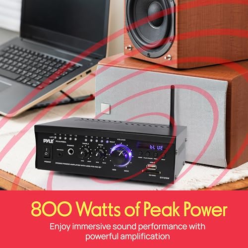 Pyle Bluetooth Computer Speaker Amplifier - 2x120 Watt Home Stereo Power Amplifier Home Audio Receiver System W/Blue Led Display, USB/SD, AUX, RCA, Headphone Jack - Remote - PCAU46BA.5