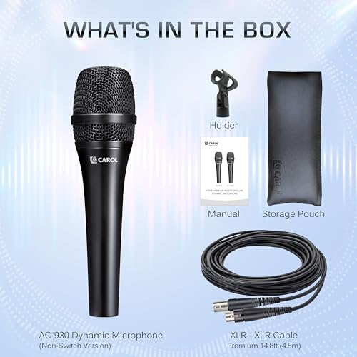 CAROL AC-930 Professional XLR Wired Vocal Microphone for Singing. No-Switch | AHNC supercardioid dynamic mic stops rumble & feedback. 50Hz-18kHz response for studio vocals. Hum-bucking coil blocks EMI.