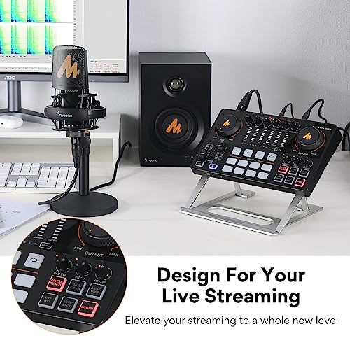 MAONO AME2 Audio Interface Mixer, Podcast Studio Console with XLR Input | 48V phantom power, Bluetooth, 11 custom sound pads, podcast recording, YouTube/TikTok live streaming, PC and XLR mic setup