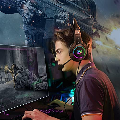PHNIXGAM Gaming Headset - Removable Cat Ears, RGB/Retractable Mic, Black | Wired 3.5mm surround sound gaming headphone, Compatible with PC, PS4, PS5, mobile - color: Black 3.5mm