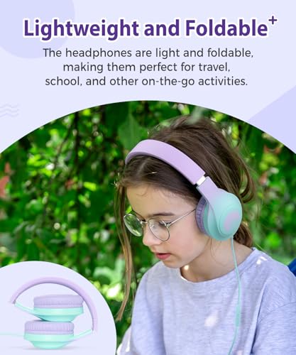 rockpapa 3.5mm Wired Headphones for Kids with Microphone, 85/94dB Limiter - color: Purple Teal