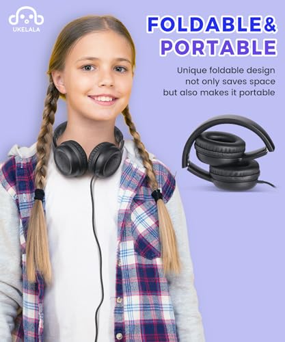 UKELALA C3 Kids Headphones Wired, On-Ear Wired Head Phones for Boys Girls with 3.5mm Jack, Foldable, Adjustable Headband, Child Headphone for School Home Airplane Tablet Black - color: Black