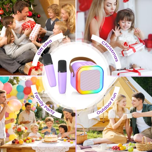 Mini Karaoke Machine, Portable Bluetooth Speaker & 2 Wireless Microphones | Karaoke Player Karaoke Microphone For Family Home Party Outdoor With HI-FI Sound | 5 Magic Sound | PA System | USB | TF | AUX - color: Light Purple