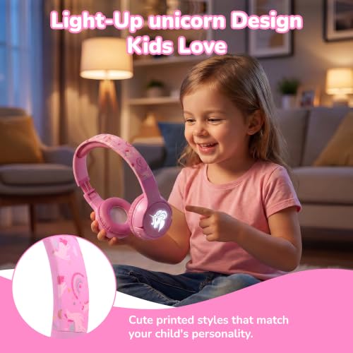 Kids Safe Wireless Light Up Headphones, Foldable Tangle-Free 3.5mm Jack, Volume Limiting 85/94dB, Over-Ear with Microphone for School/Toddlers/Teens/Boys/Girls/Ipad/Tablet/Kindle/Phones/Travel/Plane - color: Purple