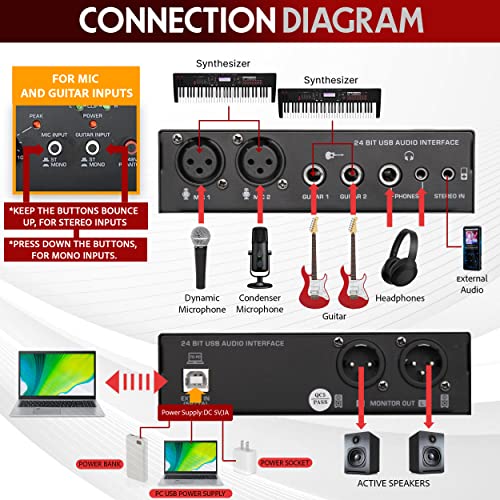 Pyle Professional USB Audio Interface with MIC, Guitar, AUX Stereo Inputs, Phone/Monitor Outputs, Ideal for Computer Playing & Recording, Compact Rugged Metal Housing - PMUX6 - style: Interface Basic