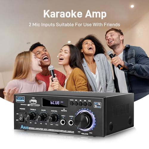 AK45 Stereo Home Audio Amplifier with 5.0 Bluetooth Receiver, 300W+300W Bluetooth HiFi AMP Power Amplifier 2.0 Channel RMS 40W x 2 Home Stereo System Remote Control Amp W/MIC,USB, RCA,FM Radio