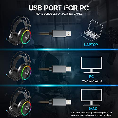 ETWAR EG100 USB Wired Gaming Headset for PC, 7.1 Surround Sound,Computer Headphones with Microphone/Mic Noise Cancelling, Video Gaming, RGB Flowing Light - for PS4, PS5,Laptop