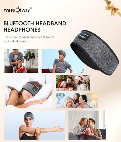 MUSICOZY Bluetooth 5.4 Sleep Headphones Headband Sports Wireless Audio | Earbuds 2 in 1 Design with Breathable Stretch Fabric, HD Stereo Sound Speakers for Workout Yoga Running, Nighttime Sleep Use - color: Grey