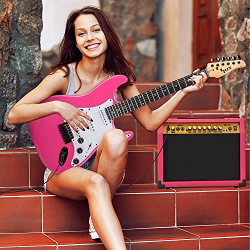LyxPro 40 Watt Electric Guitar Amplifier | Combo Solid State Studio Amp with 8” 4-Ohm Speaker, Custom EQ Controls, Drive, Delay, ¼” Passive/Active/Microphone Inputs, Aux In & Headphone Jack - Pink - color: Pink, size: 40 Watt