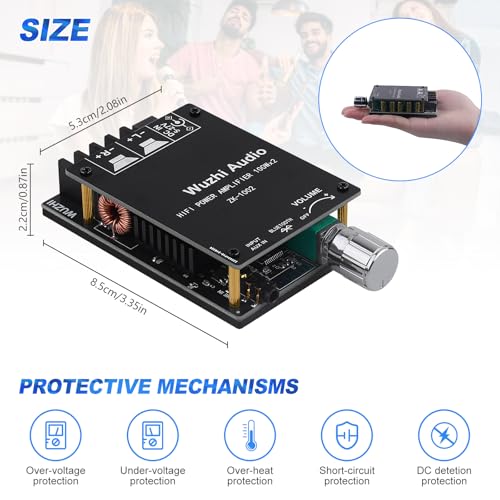 ZK-1002 Bluetooth 5.0 Audio Amplifier Board, 100W x 2 2.0 Channel Mini Amp | HiFi Power Amplifier Receiver with Volume Control, BT and AUX Inputs, DC 5-27V Stereo AMP Module for Home DIY Speakers - color: Black4 ZK-1002