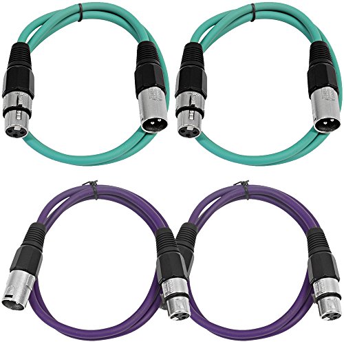 Seismic Audio - SAXLX-2-4 Pack of 2' XLR Male to XLR Female Patch Cables - Balanced - 2 Foot Patch Cord - Green and Purple - color: Green and Purple