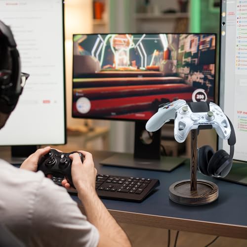 MyGift Industrial Matte Black Metal Headphone Stand with Burnt Wood Tray – Desktop Headset and Gaming Controller Holder for Office, Studio, or Console Setup - color: Dark Brown