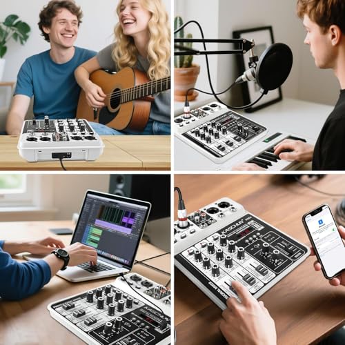 4-Channel DJ Audio Mixer, Bluetooth Sound Board with USB MP3 Input | Compact Mixer Board with 48V Phantom Power, Monitoring, Effects, for Karaoke, Podcast, Live Stream, Home Recording & DJ
