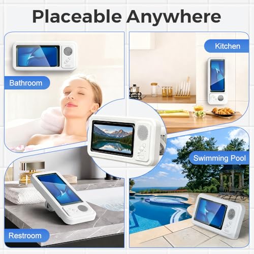 Shower Phone Holder with Wireless Bluetooth Speaker, 2026 Upgraded Waterproof/Fog-Resistant for Any Phone, Shower Phone Holder Waterproof Wall Mounted PhoneHolder for Bathroom Mirror (1, White)