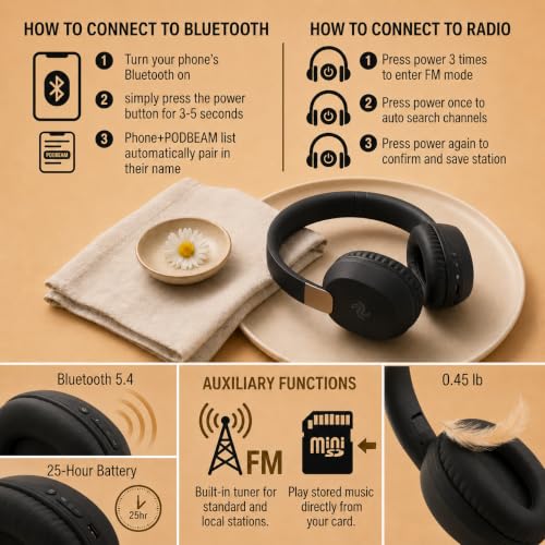 PDBEAM Wireless Foldable Bluetooth Over Ear Headphones with Mic, Micro SD Card Playback, 25H Playtime, 120H Standby, FM Radio, Lightweight for Travel, Work, Gym or Yoga - color: Black