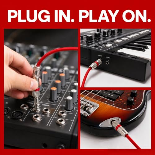 1/4 Inch TRS Patch Cable 1ft 2-Pack, Balanced OFC Instrument Cable for Guitar Bass Keyboard Pedal Board, Gold-Plated Studio Recording Live Performance Cable for Fender Gibson Yamaha, Red