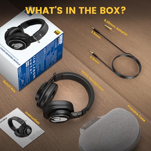 talomen Wired Over Ear Headphones Studio Monitor Podcast Closed Back Headsets with 50mm Neodymium Drivers and 1/4 to 3.5mm Jack for AMP Computer Recording Mixing DJ Guitar Keyboard Laptop - Black