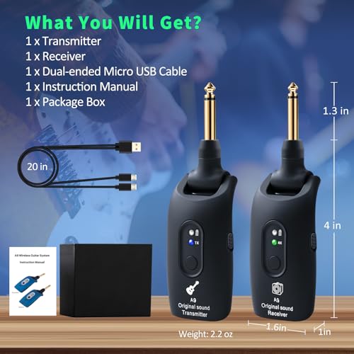 A9 Wireless Guitar System 2.4GHz Wireless Guitar Transmitter and Receiver | Rechargeable,4 Channels, 100FT/30m Range,270° Rotatable Plug,for Electric Guitar Bass (Black(1TX+1RX)) - color: Black