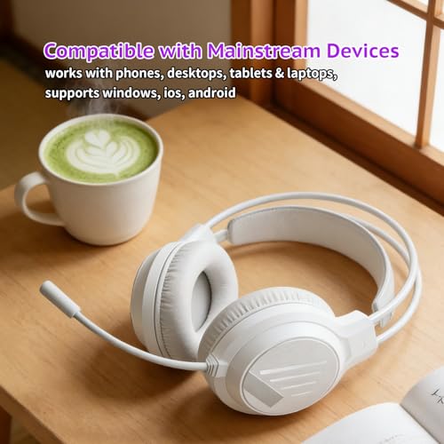 Over-Ear Wired Headphones with Microphone, 3.5mm Plug in Headphones, Noise Isolating & Stereo, Lightweight Portable Headsets for Smartphone, Tablet, Computer, Mp3/4, White - color: White