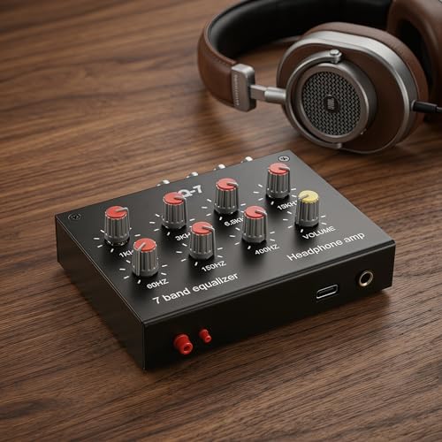 EQ-7 Mini 7 Band Equalizer and Headphone Amp, RCA 3.5mm Input | TL074 and NE5532 chips, level knobs, 16 to 600 ohm drive, for home audio, speaker, and gaming setups.
