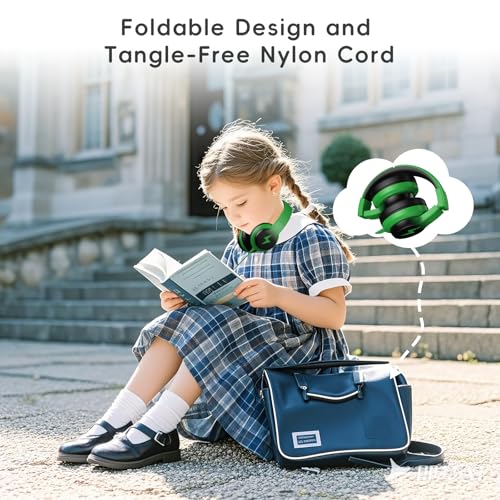 Candy Bila Wired Kids Headphones for School, Over-Ear for Boys Girls | Volume Limiter 85/94dB, HD Stereo Sound, Microphone and Wired Control,Foldable Design, Black and Green - color: Black and Green