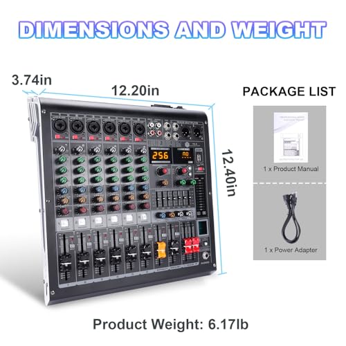 W IN-MIX 6 Channel Audio Mixer with Bluetooth, USB MP3 Player, 48V Phantom Power for Studio Recording, Live Performance, Karaoke, Podcast