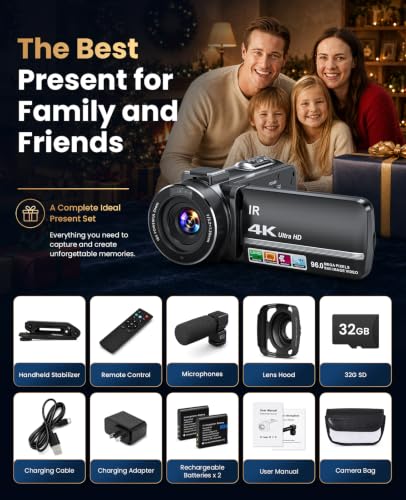 4K Video Camera Camcorder 96MP Vlogging Camera for YouTube 3.0" Touch Screen 18X Digital Zoom IR Night Vision with External Stereo Microphone,Remote,Lens Hood,Handheld Stabilizer,32G Card &2 Batteries