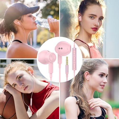 ASKUBSKU 3.5mm Headphone Wired Earbud with Mic for School Computer PC, Pink - color: Pink