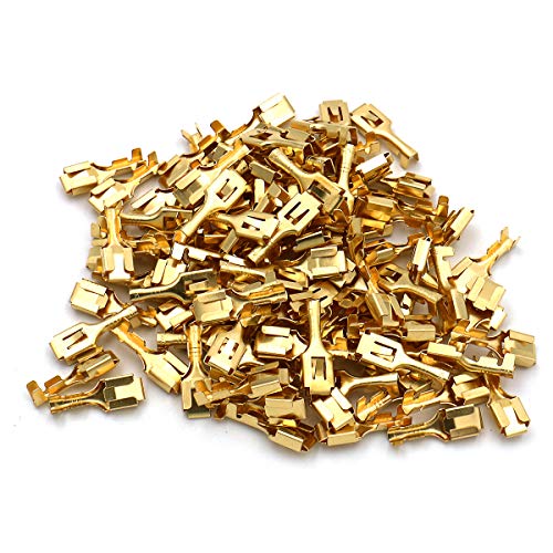 BAOMAIN 100-Pack 6.3mm 1/4" Female Spade Connector Non-Insulated Terminals | Copper 1/4" Non-Insulated Female Connectors with Locking Tab for 18-16 AWG Wire,Ideal for Automotive & DIY Projects