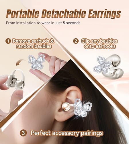 King Lucky Open Ear Earbuds Clip on Wireless Bluetooth 5.4 Headphones with Mic,50H Play,ENC Call,Waterproof,Jewelry Ear Buds,Comfortable for Small Ears&Glasses Wearers,Workouts (04-White) - color: 04-White