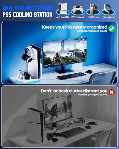 Cooling Station with Controller Charger for PS5/Slim/Pro, PlayStation 5 Vertical Stand for Disc & Digital Console, Dual PS 5 Controller Charging Station with 3 Level Cooling Fan, PlayStation 3 Games - color: All White